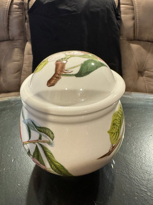 Beautiful Pomona Port Metrios, Made in England, Sugar Bowl with Lid.  Hand painted Figs, Cherries, Peaches and Flowers.